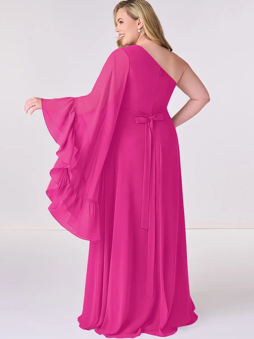 Azazie One-Shoulder Fuchsia Gown with Ruffle Sleeve - Picture 2 of 6